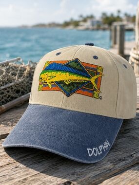 Flying Fisherman Dolphin Mahi Mahi Embroidered Fishing Hat NWT
